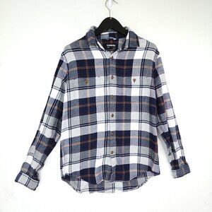 Express Navy White Tan Tartan Plaid Flannel Button Front Long Sleeve Shirt
